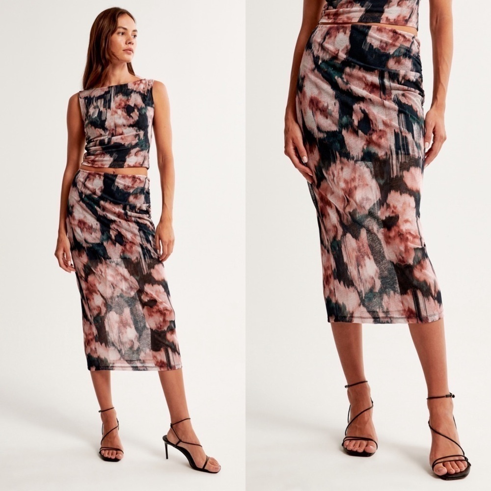 Abercrombie Women’s Mesh Midi Skirt Floral Navy Multicolor NWT XLP
